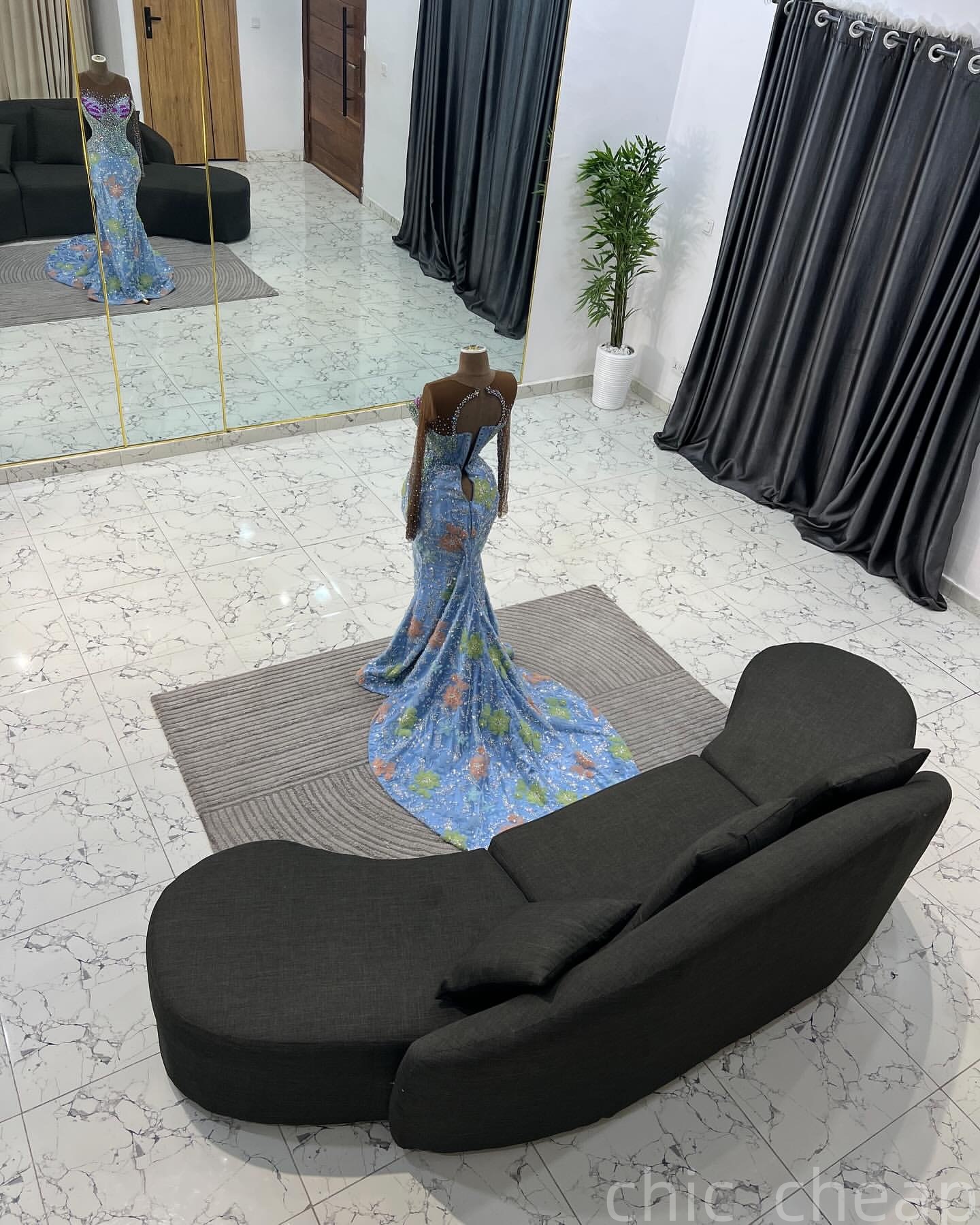 Mermaid Sky Blue Prom Dresses 2025 Crystals Beaded 3D Floral Lace Evening Formal Party Second Birthday Engagement Gowns Plus Size Dress For Special Oc