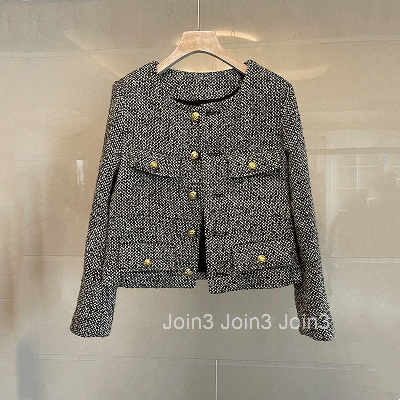 Spring Winter New Fashion Stylish Wool Tweed Slim Fit Petite Tall Slimming Coat for Women with Gold Buttons