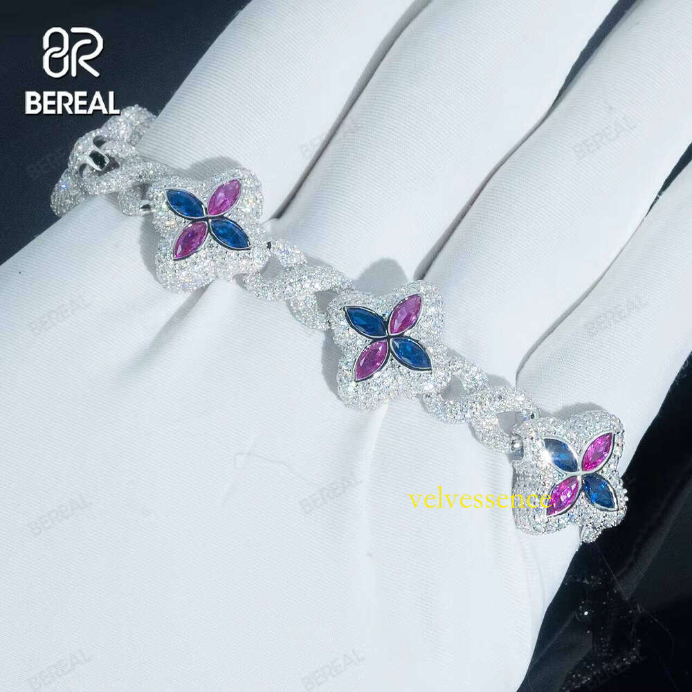 Vvs Iced Out Moissanite Blue Flower Baguette Cuban Chain Hip-Hop Bracelet Gold and Sier Premium Jewelry for Men