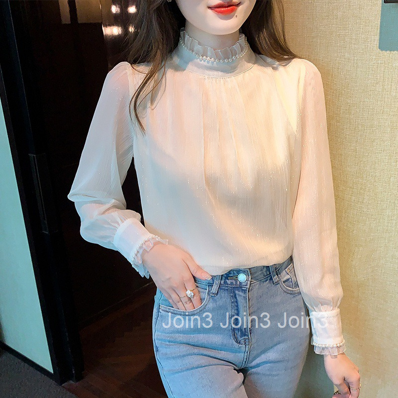 Autumn Winter New French Style Stand Collar Pearl Puff Sleeve Thickened Long Sleeve Shirt Base Shirt Top Plus Size Women