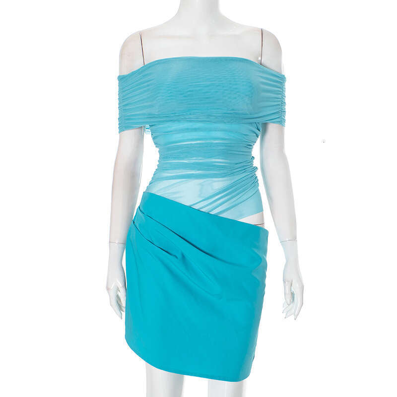 24/7 Women's Autumn Winter Off-Shoulder Mesh Patchwork Hollow Out Waist Short Ruched Dress B5