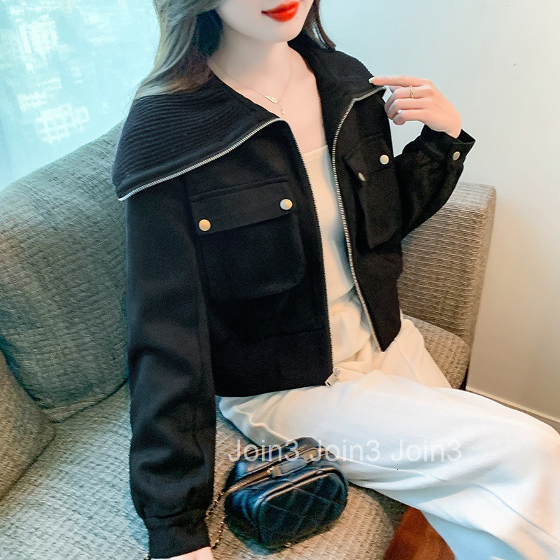 Autumn Winter New Large Lapel Deerskin Velvet Spliced Knitted Long Sleeve Short Coat Womens Fashion Trendy Jacket Top
