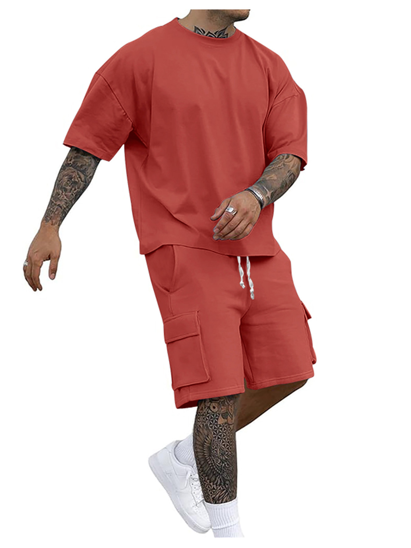 Mens summer loose fashion casual sports mens T-shirt short sleeved shorts two-piece set