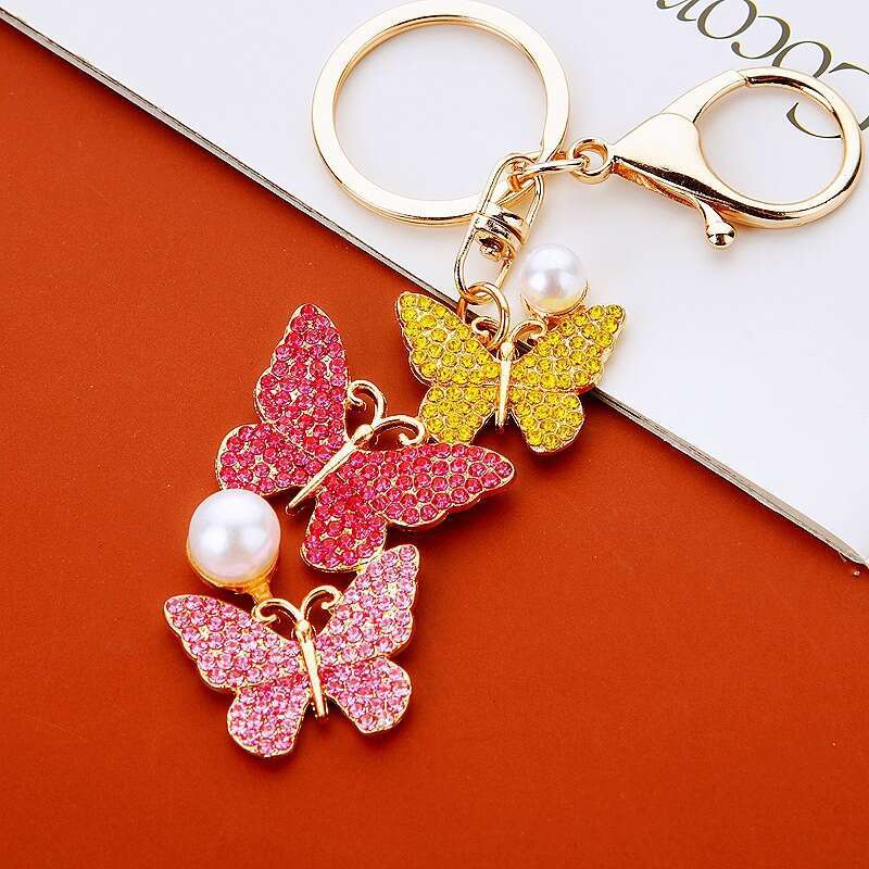 Inlaid Diamond Pearl Butterfly Car Women's Bag Pendant Keychain Metal Insect Ornament Gift
