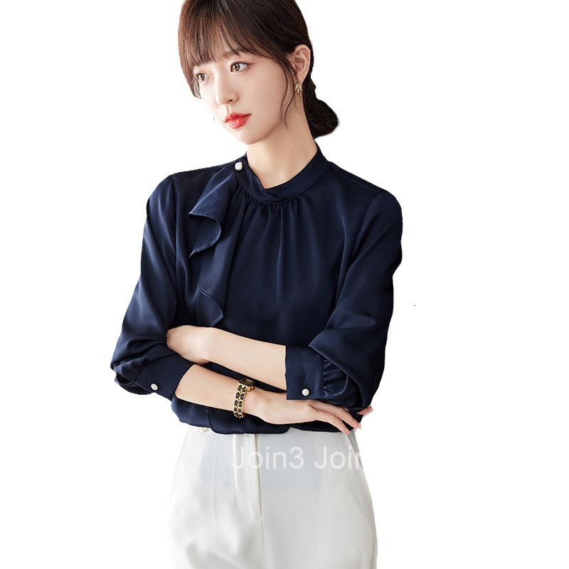 Autumn New Plus Size Womens Navy Blue Elegant Ruffled Long Sleeve Shirt Womens Blouse Top