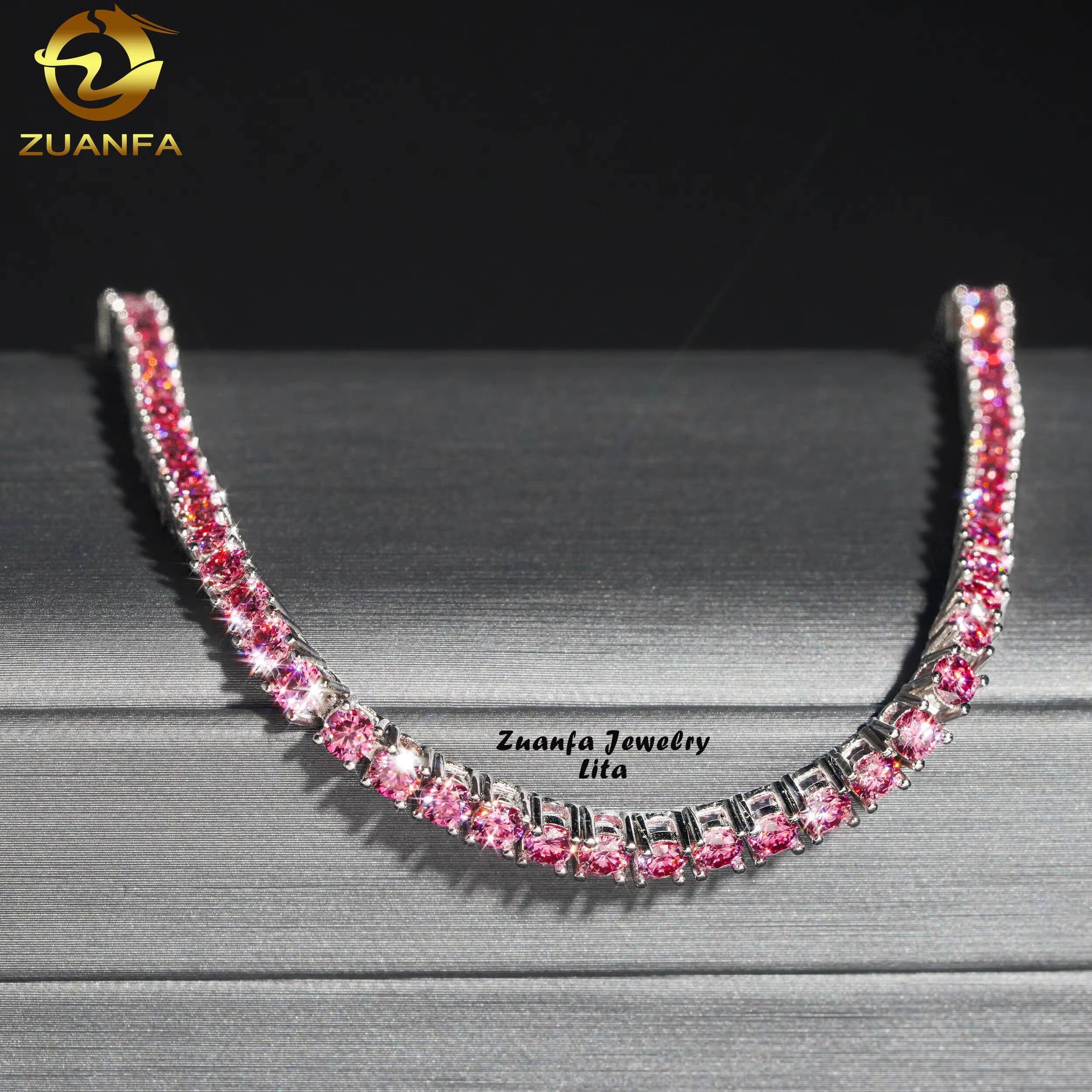GRA Certificate Top Quality Diamond Tennis Chain 925 Silver 3mm Pink Moissanite Tennis Bracelet