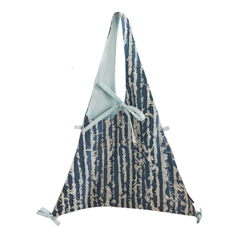 Spring New Dark Light Blue Striped Tassel Denim Fashion Versatile Design Sense Shoulder Bag for Work Commute