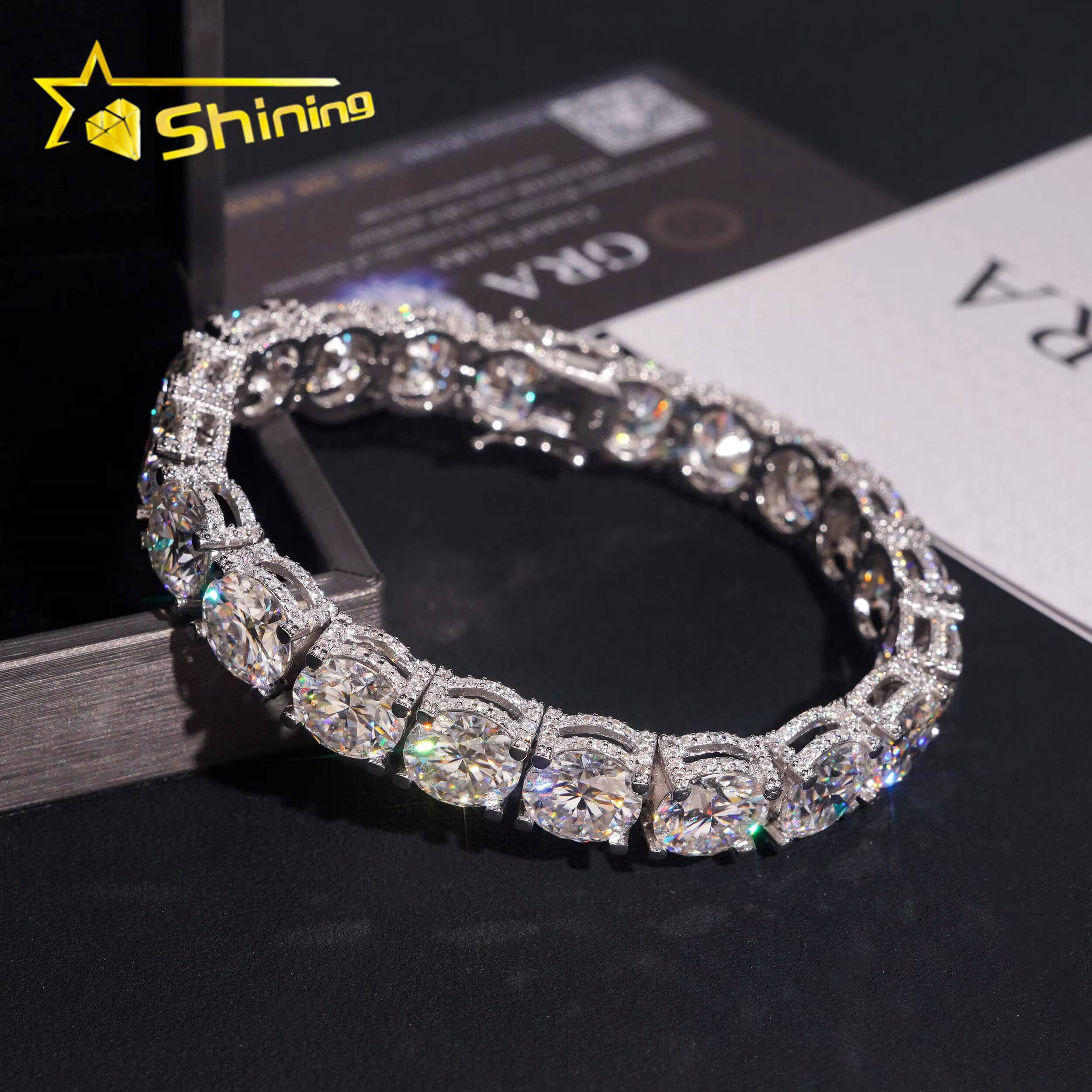 Luxury 10mm Moissanites Bracelet 925 Sterling Silver Gold Plated VVS Moissanite Pass Diamond Test Side Stones Sparkling Bracelet