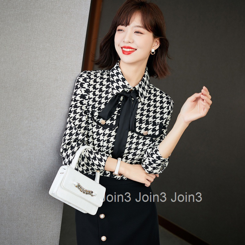 Spring and Autumn New Large Size Womens Houndstooth Fashionable Stylish Plaid Base Bowknot Shirt Blouse for Women