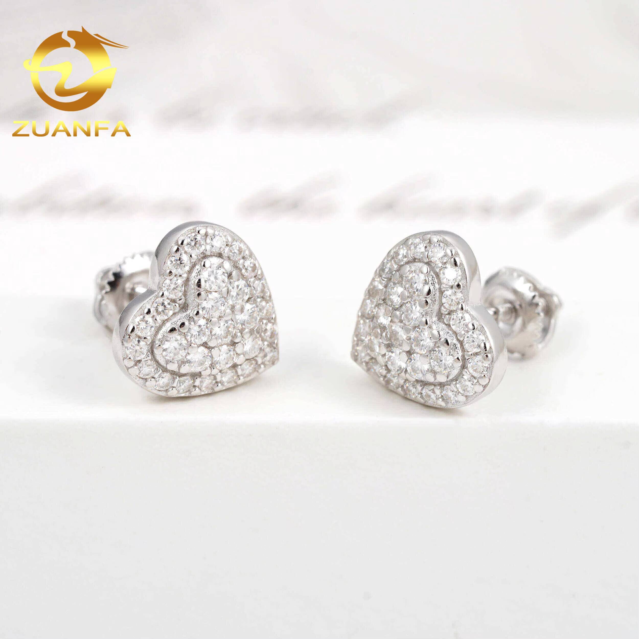 10mm Fashion Heart Shape Stud Earrings Cluster Moissanite Diamond 925 Sterling Silver Hip Hop Earrings Screw Back Men Earrings