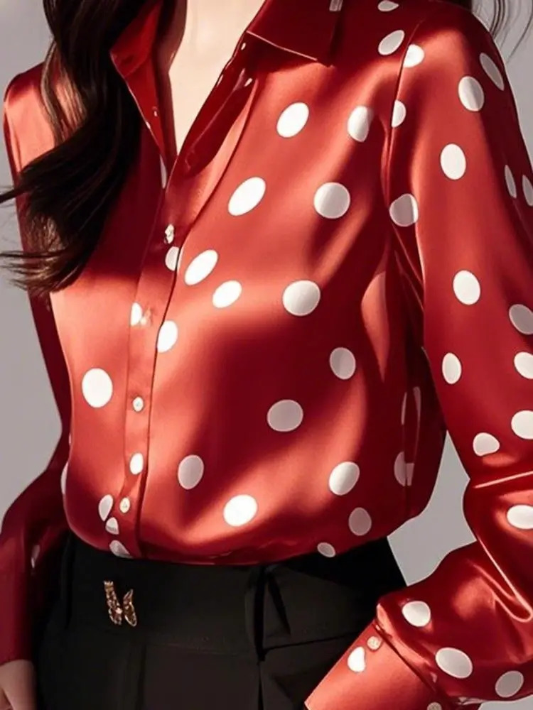 Fashion Inner Bottom Shirt Chic Red Tops Polka Dot Satin Polo Collar Women Office Lady Blouse Long Sleeve Female Clothes 250724