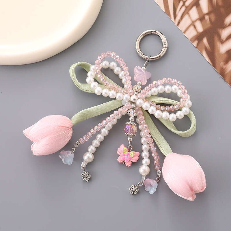 Hot Selling Miu Series Tulip Pearl Bowknot Bag Pendant Fresh Flower Phone Keychain Decoration for Women