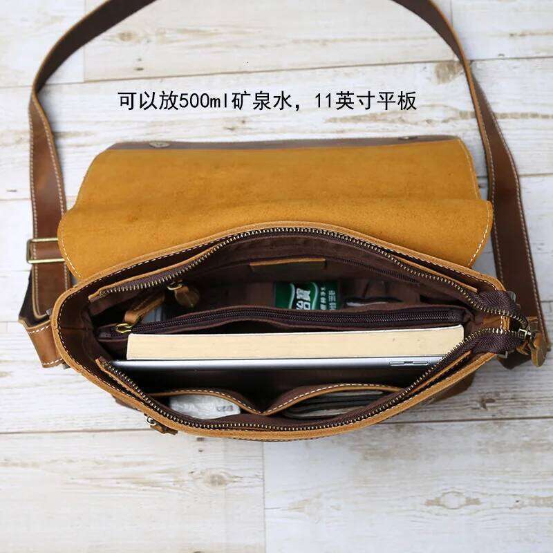 OLOEY Retro Mad Horse Men's Foreskin Layer Cowhide Single Shoulder Crossbody Leather Horizontal Handmade Messenger Bag