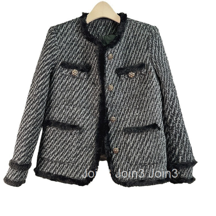 Winter New Small Fragrance Style Down Jacket for Women Tweed Plush Black Trim Long Sleeve Wool Coat for Women
