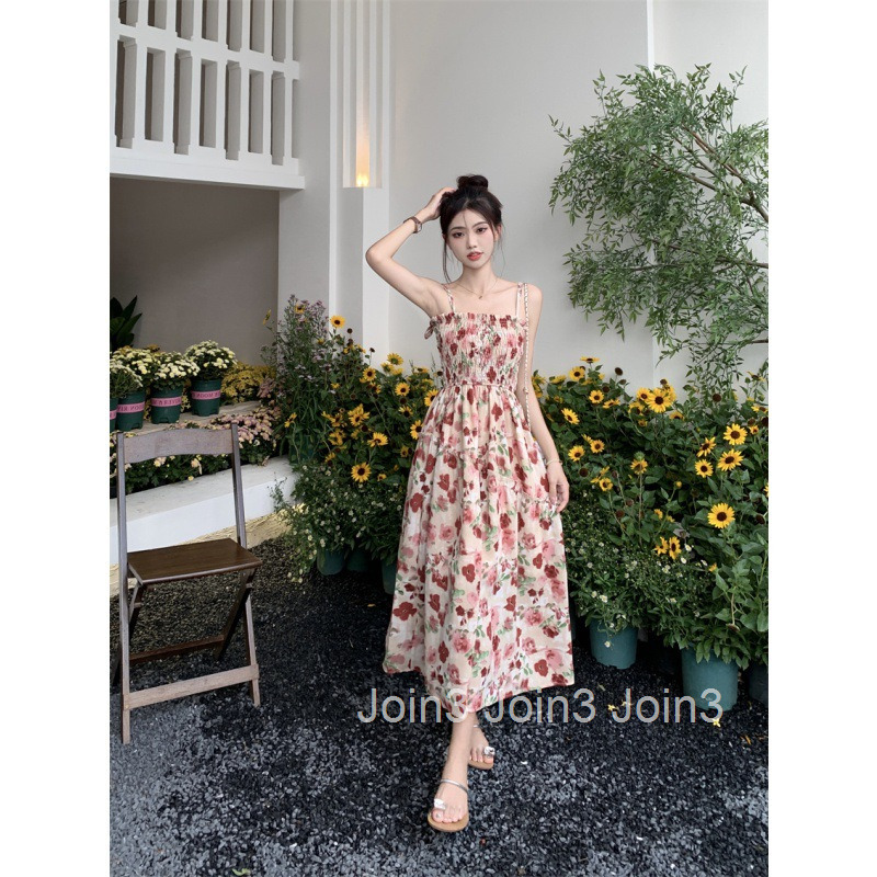 Summer New Sweet French Floral Strap Dress Chiffon Slimming Printed Long Dress