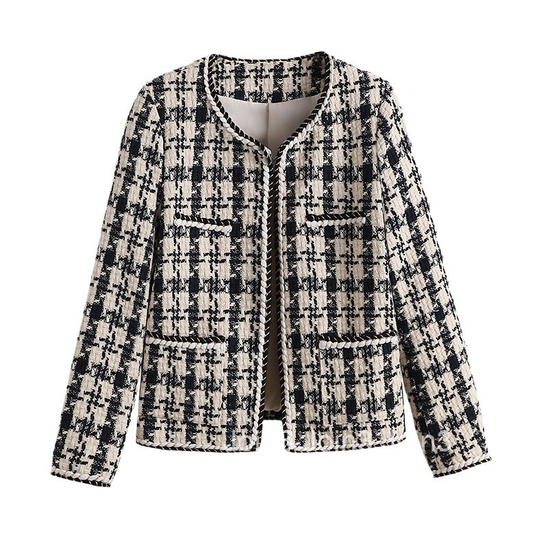 New Spring Autumn Winter Plus Size Womens Clothing Small Fragrance Style Coat Womens European Goods Tweed Houndstooth Long Sleeve Short Coat Cardigan