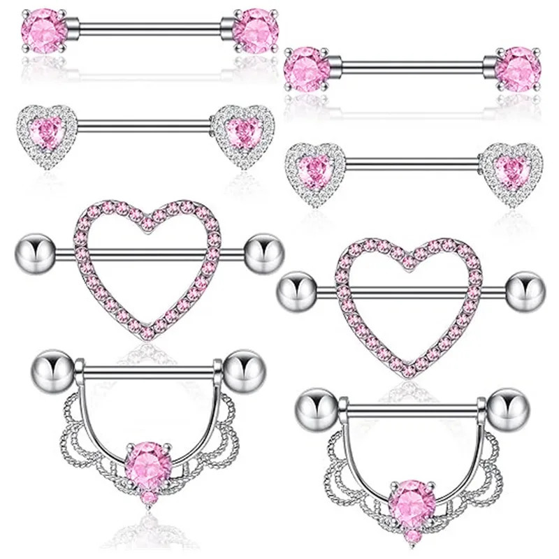 Pink Heart Nipple Piercing Barbell Set Shiny Crystal Nipple Rings Bulk For Women Flower Nippel Jewelry Pack Piercing Teton Lots 250729