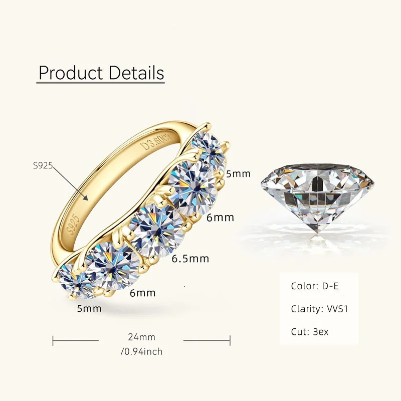 IOGOU D3.60CT vvs1 Full Engagement Ring for Women 925 Silver With 14k Gold Plated Five Stone Wedding Ring Gift 250729