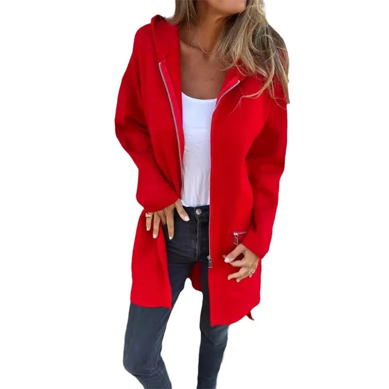Autumn Winter Casual Zipper Hooded Jacket Women Long Sleeve Cardigan Coat Womens Windbreaker Straight Jackets Red Coats 250729
