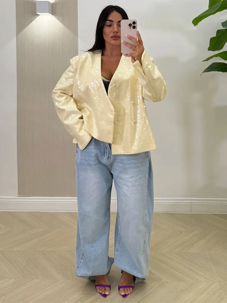 Fashion Sequined V Neck Women Suit Jacket Elegant Long Sleeve Oversize Female Coats Autumn Single Button Jackets Street 250729