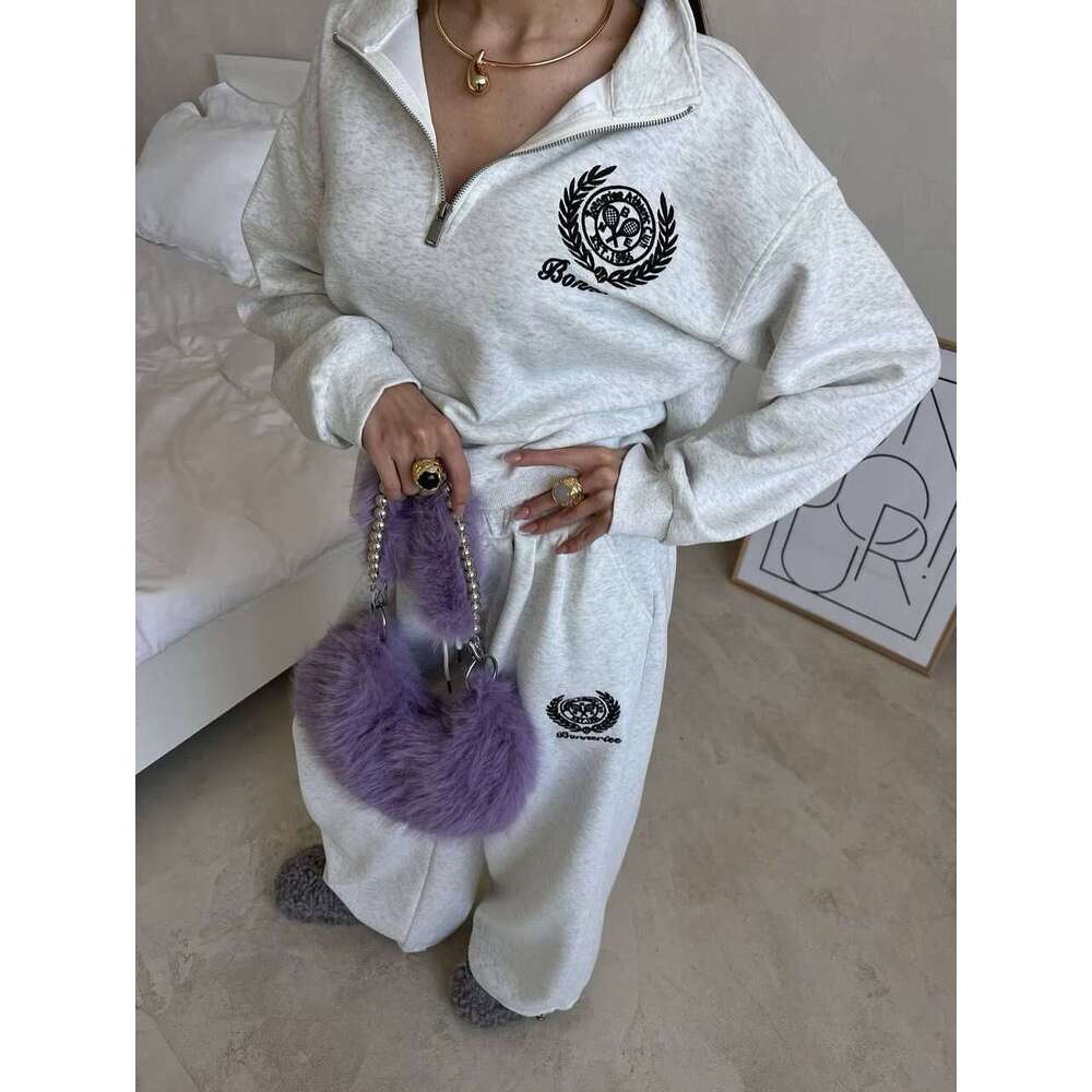 2025 Summer New Heavy Embroidery Half-Zip Long Sleeve Top Wide-Leg Pants Slimming Two-Piece Set for Women