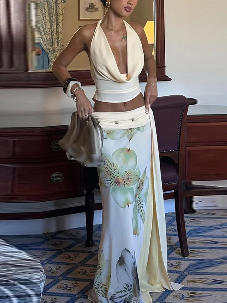 Sexy Backless Halter Top Printed Skirt Set Lady Retro Low Cut Lace Up Tops High Slit Skirts Sets Women Chic Street Party 250729