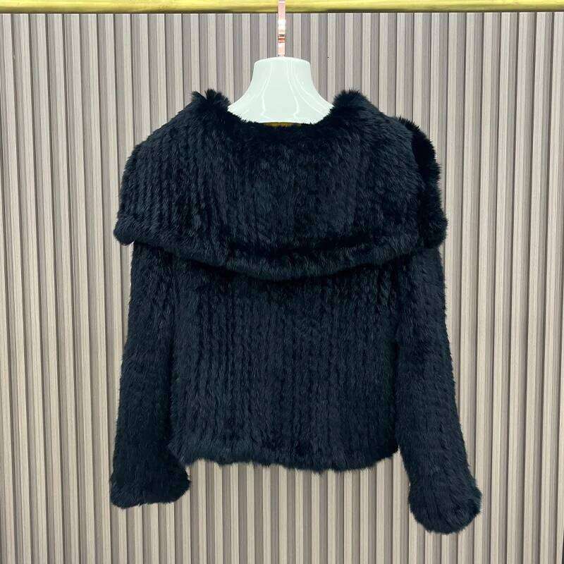 2025 Autumn Winter Women Real Natural Rabbit Fur Double Knitted Coat With Big Navy Collar Thick Warm Jacket Full Sleeves
