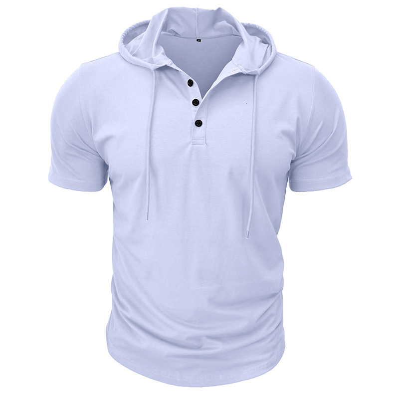 Mens Outdoor Sports Fitness Hooded Short Sleeve T-Shirt American Style Hooded Henley Shirt Mens Top