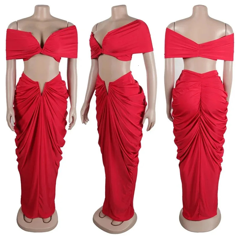 Sexy Party Night Ruched Maxi Dress Sets for Women Two Piece Set Club Outfits Slash Neck Crop Top Long Skirt Matching Sets 250729