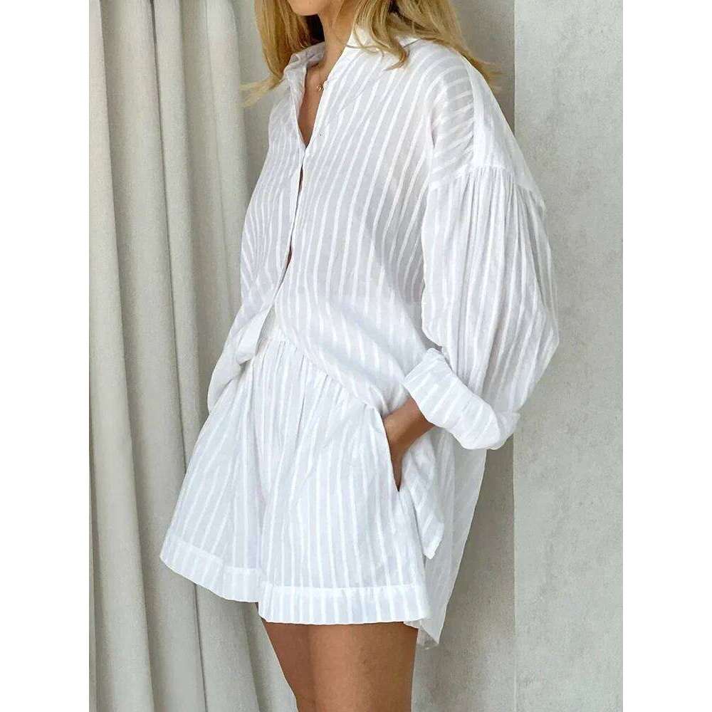 Wolfeel Casual Sets Striped Jacquard 2 Pieces Cozy Lapel Lantern Sleeve Shirt Summer Outfit Elastic Waist Shorts Suits