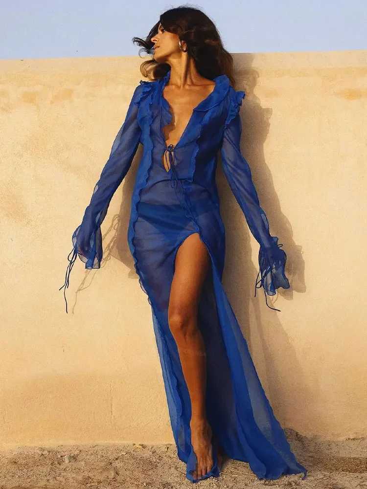 Sexy V Neck Perspective Ruffle Drawstring Tight Maxi Dresses For Women 2025 Spring Summer Elegant Side Split Party Dress A1942 Z250728