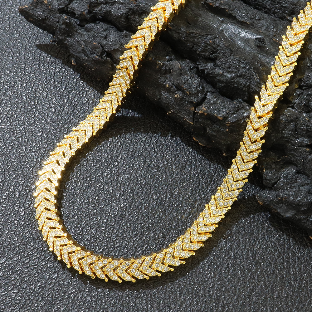 Full Dia Tail Fish Bone Tennis Necklace Trendy Hip-Hop Style Exaggerated Choker Clavicle Chain Accessory