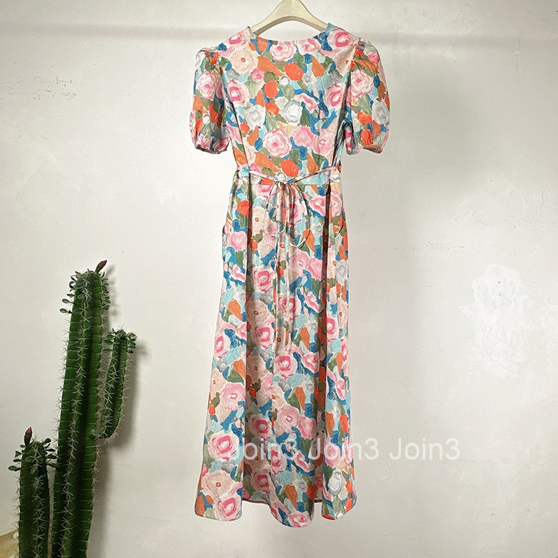 Printed Dress for Women Summer New Vacation V-neck Short Sleeve High Waist Loose Mid-length A-line Dress