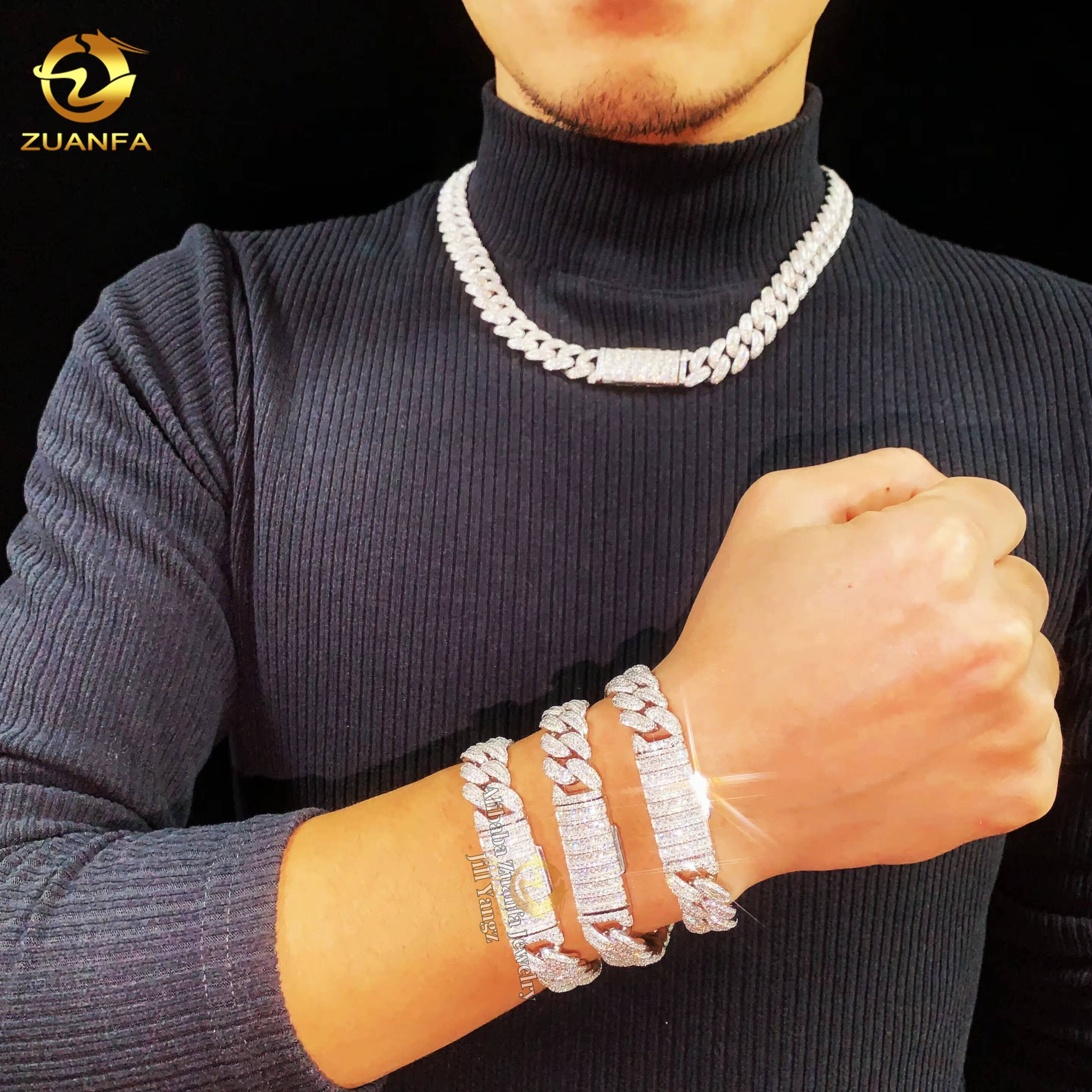 Ready to Ship 3 Rows 13mm Moissanite Cuban Link Chain Rapper Prong Chain Prong Hip Hop Necklace Rapper