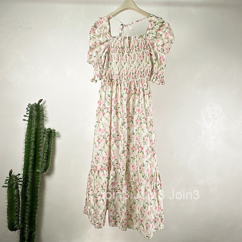 Summer New Fashionable Floral Skirt Elastic High Waist Short Sleeve Printed Dress Mid-Length A-Line Skirt