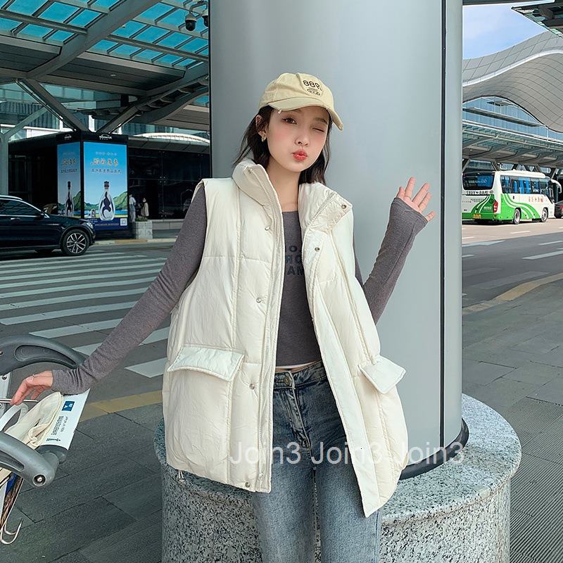 Autumn Winter New Korean and Japanese Style Plus Size Womens Down Cotton Vest with Large Pockets and Stand Collar Mid-Length