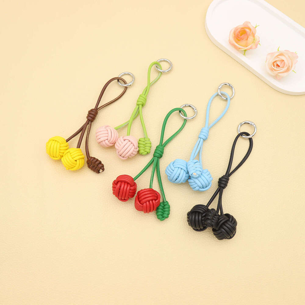 Purely Handmade DIY Color-Block Miu Style Woven Cherry PU Leather Double Ball Bag Pendant Keychain Accessory