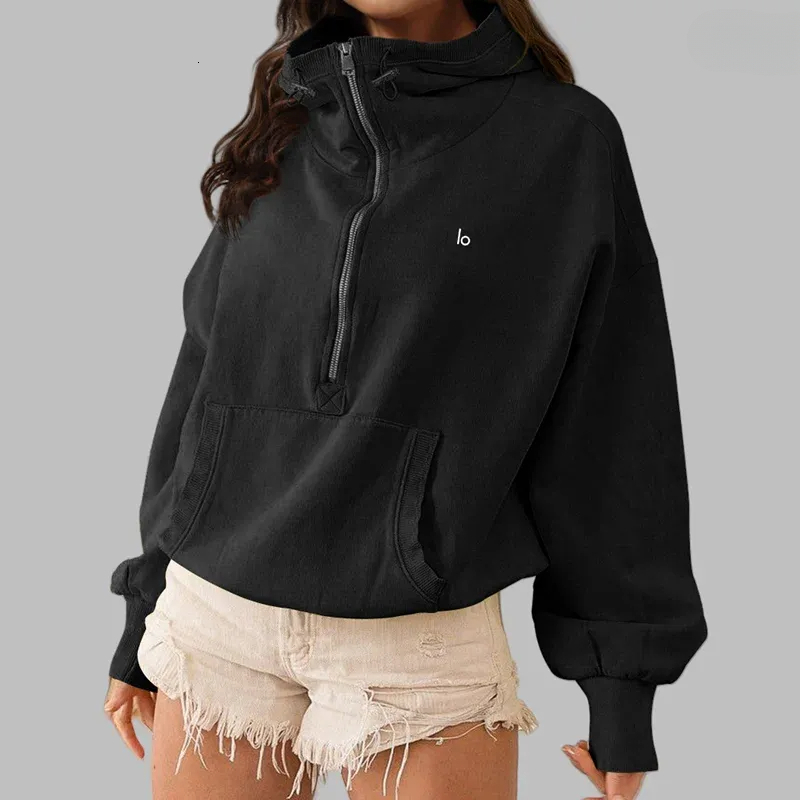 2025 Women's Hooded Sweatshirt Yoga Wear Outdoor Sport Style Snap-Button Drawstring Hood Long Sleeve Pullover Casual Loose Hooded Shirt SD