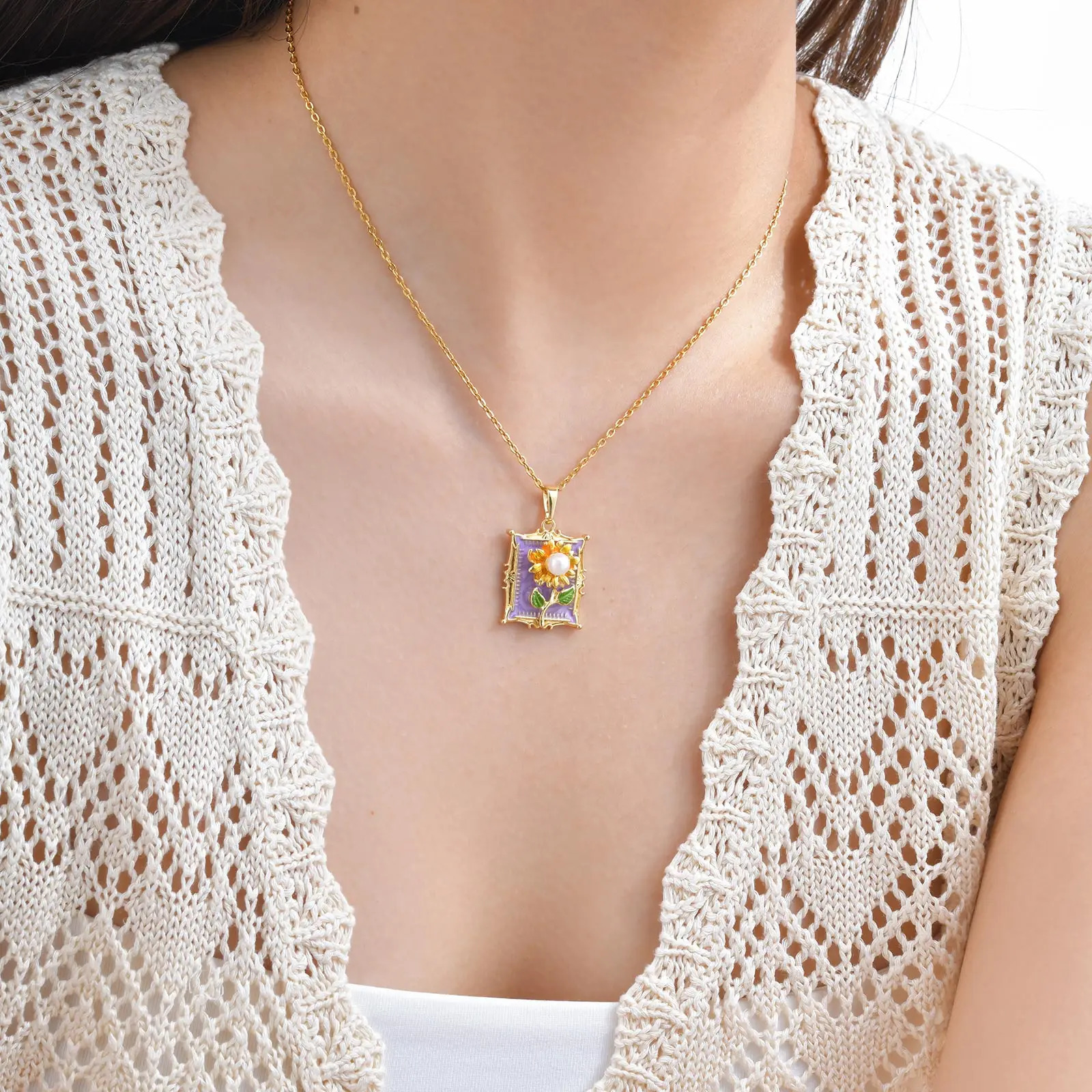 Colorful Oil Painting Style Flower Pearl Necklace Copper Fashion Drip Oil Boho Pendant Charms Statement Jewelry Gift 250729