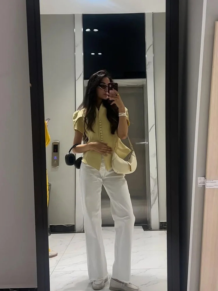 Summer Autumn Elegant Stand Collar Coats for Women Solid Irregular Short Sleeve Slim Waist Buttons Female Blazer Suit Lady Tops 250729