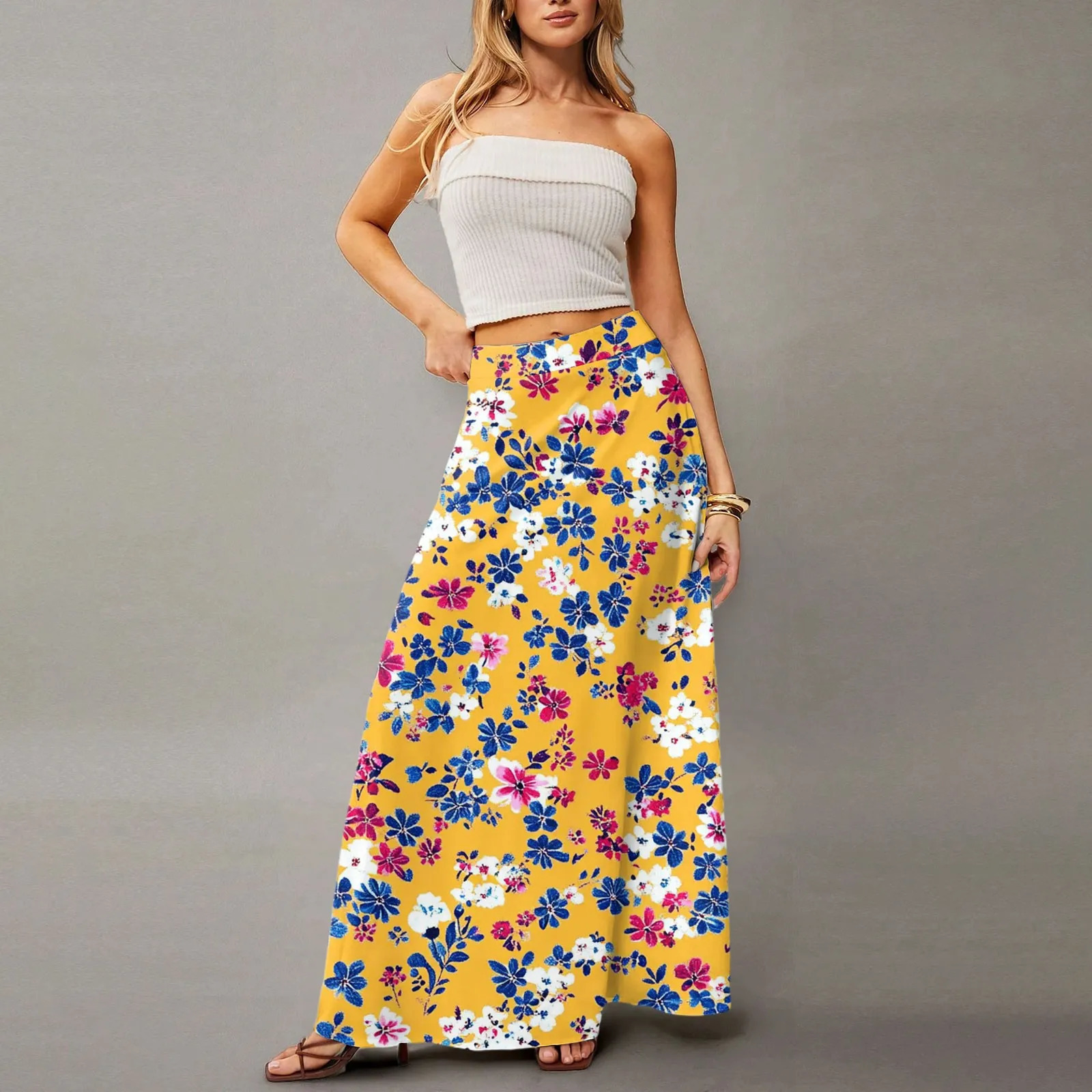 Summer Casual Skirt for Women High Waisted Stretch Printed with Pockets Loose Flowing Long Skirts Fashion Beach Skirt 250729
