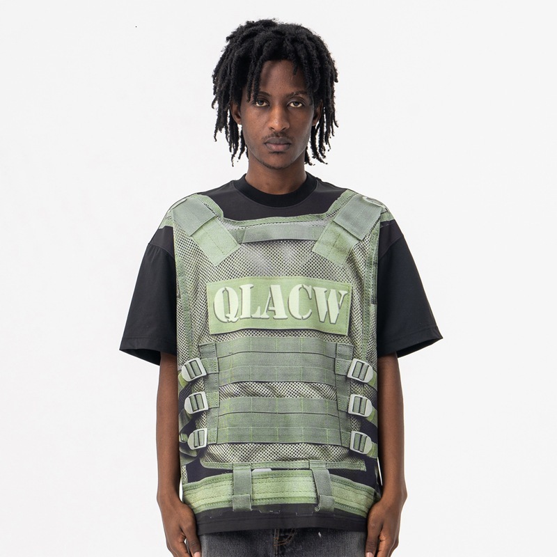 Lanhai Mens Clothing 2025 Spring Summer New Trendy American Tactical Vest Printed Fake Two-Piece Round Neck Short Sleeve T-Shirt for Men