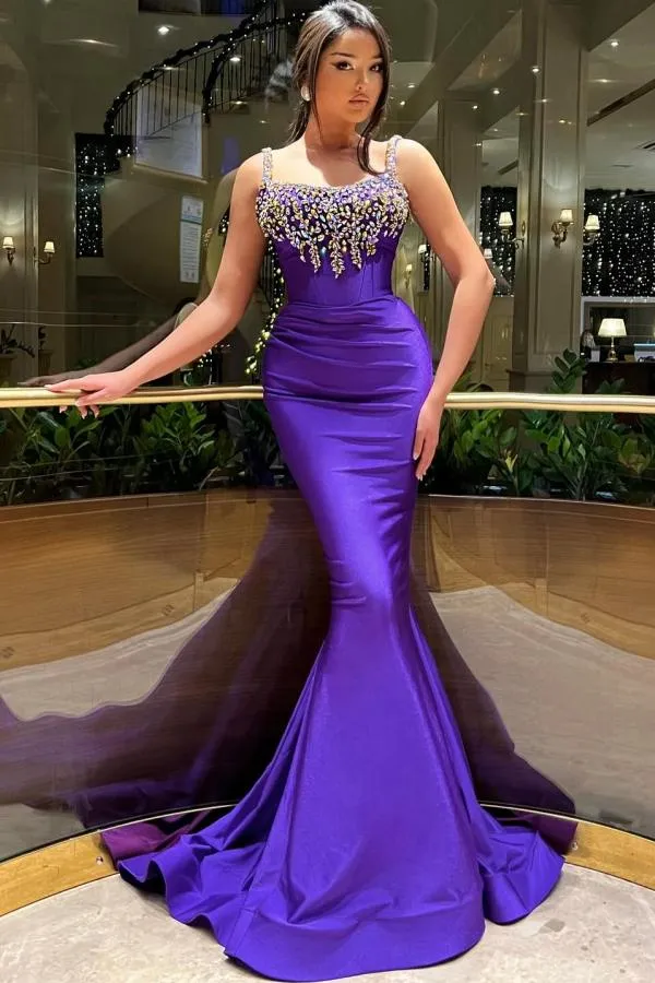 Crystals Beaded Royal Purple Prom Dresses Spaghetti Straps Satin Mermaid Evening Gown Sleeveless Long Chic Pageant Birthday Party Special Occasion Dre