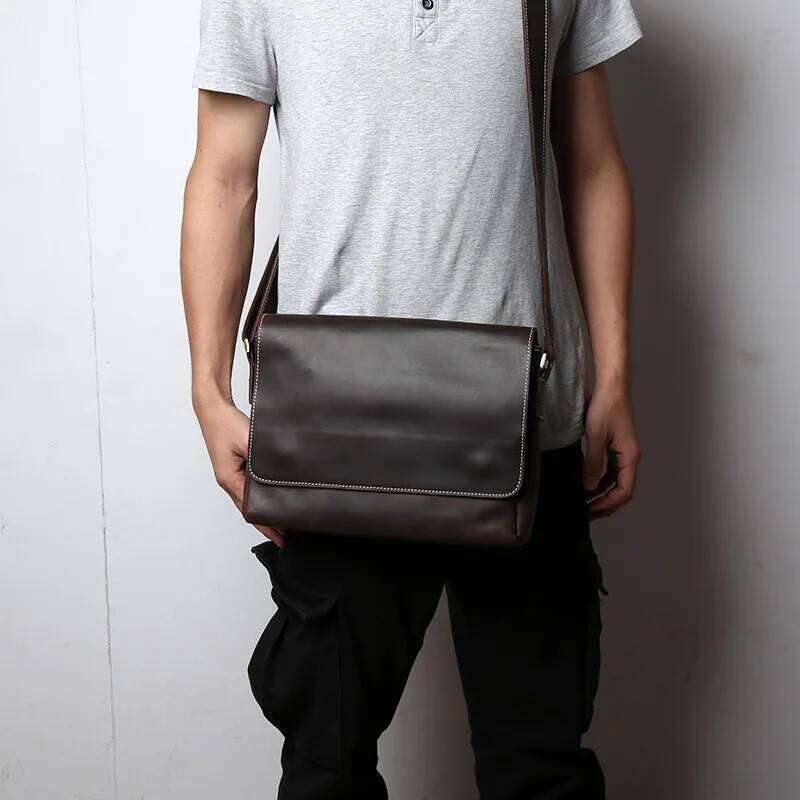 OLOEY Retro Mad Horse Men's Foreskin Layer Cowhide Single Shoulder Crossbody Leather Horizontal Handmade Messenger Bag