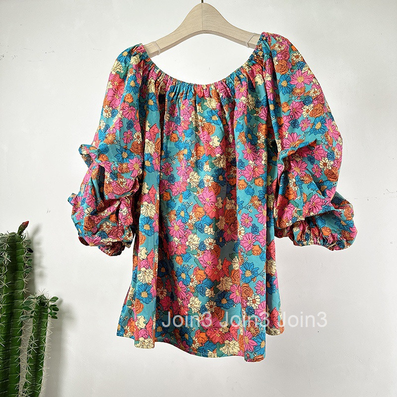 Summer New Korean and Japanese Style Casual T-Shirt Off-Shoulder Three-Quarter Sleeve Floral Shirt Women Pullover Top