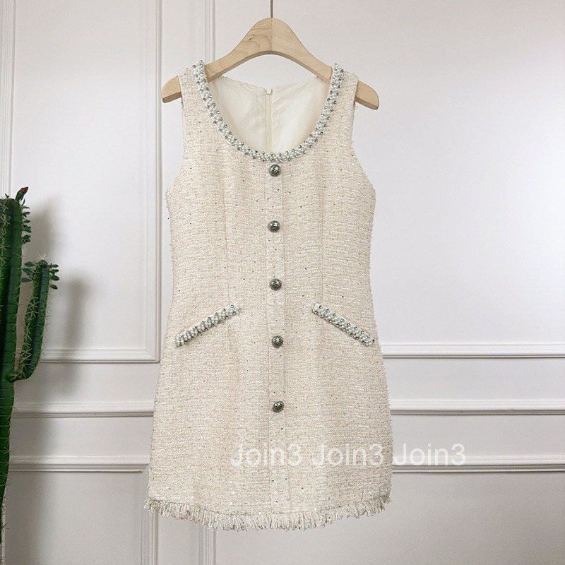 Summer New French Style Pearl Embellished Round Neck Slim Fit Sleeveless Tank Dress Short Skirt