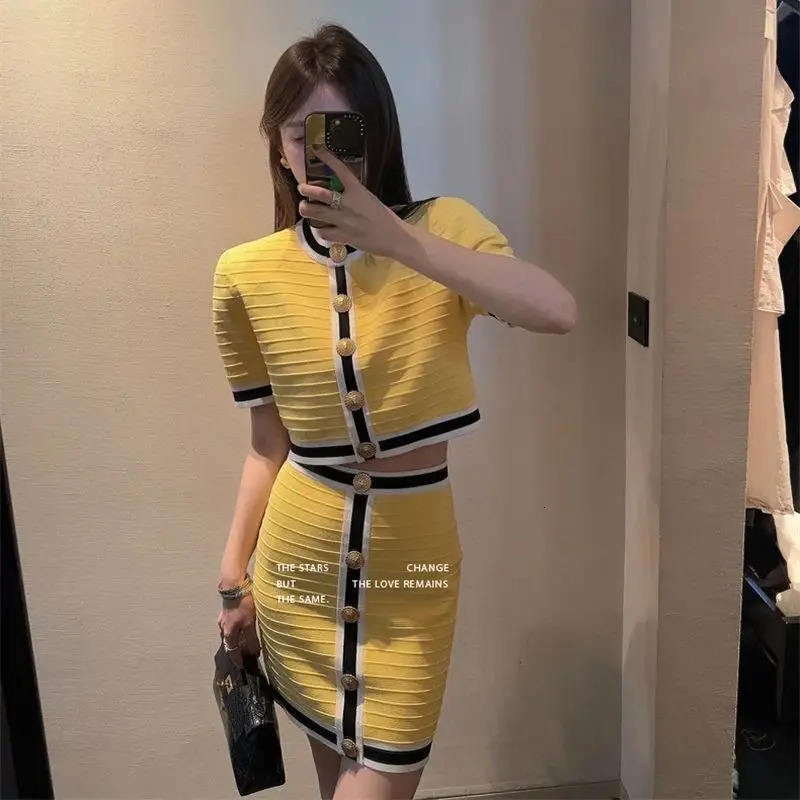Summer Elegant Party Suit Short Sleeves Knitted Cardigan Top Slim High Waist Skirt y Women Outfits 2Piece Set K597 250729