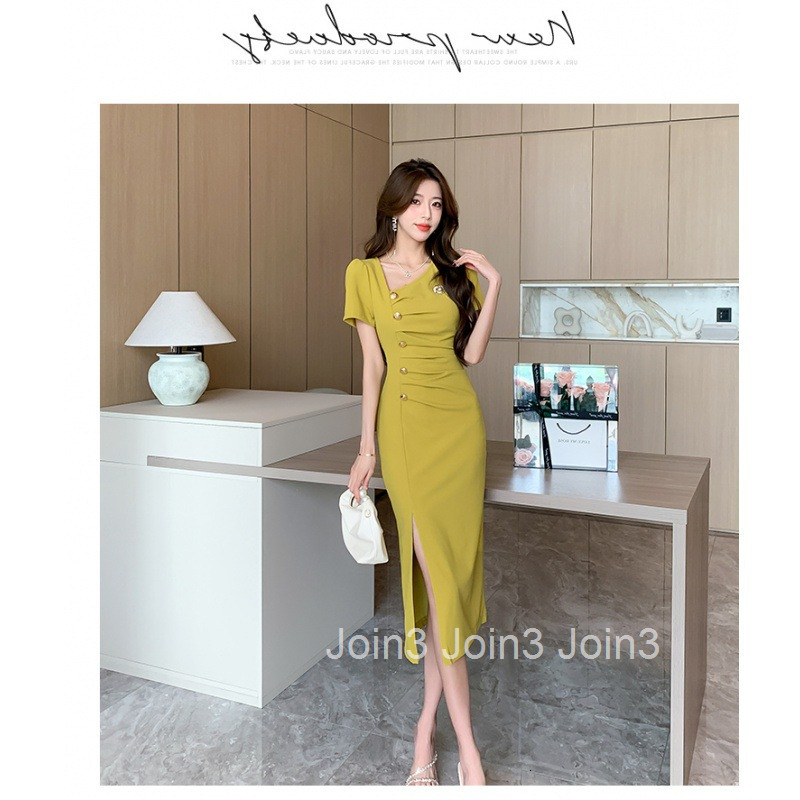 Summer New Elegant Internet Celebrity V-Neck Street Style Single-Breasted Slim Short Sleeve Mid-Length Dress with Slit and Bodycon Design