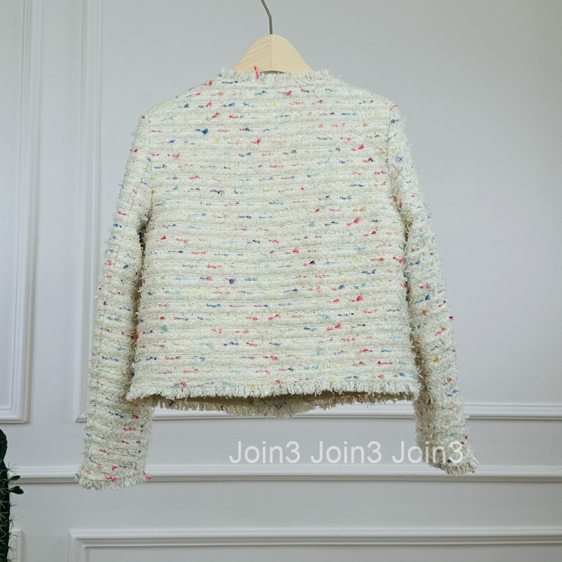 Autumn Winter Floral Tweed Jacket Fashionable Youthful Tassel Tweed Round Neck Elegant Long Sleeve Short Jacket for Women