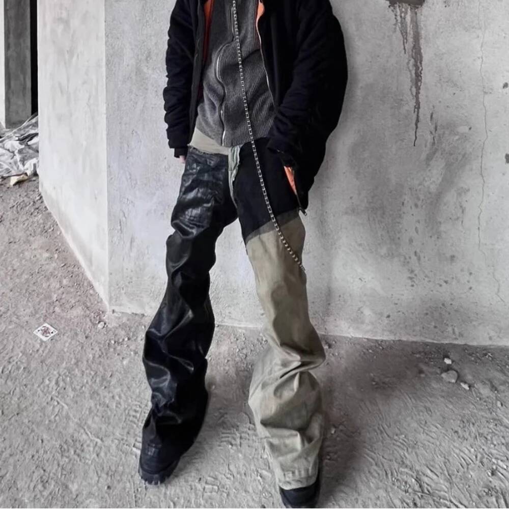 RO Style Ribbons Patchwork Gradient Stacked Wax Pants Unisex Straight Streetwear Baggy Y2k Flare Jeans Oversized Loose Cargos